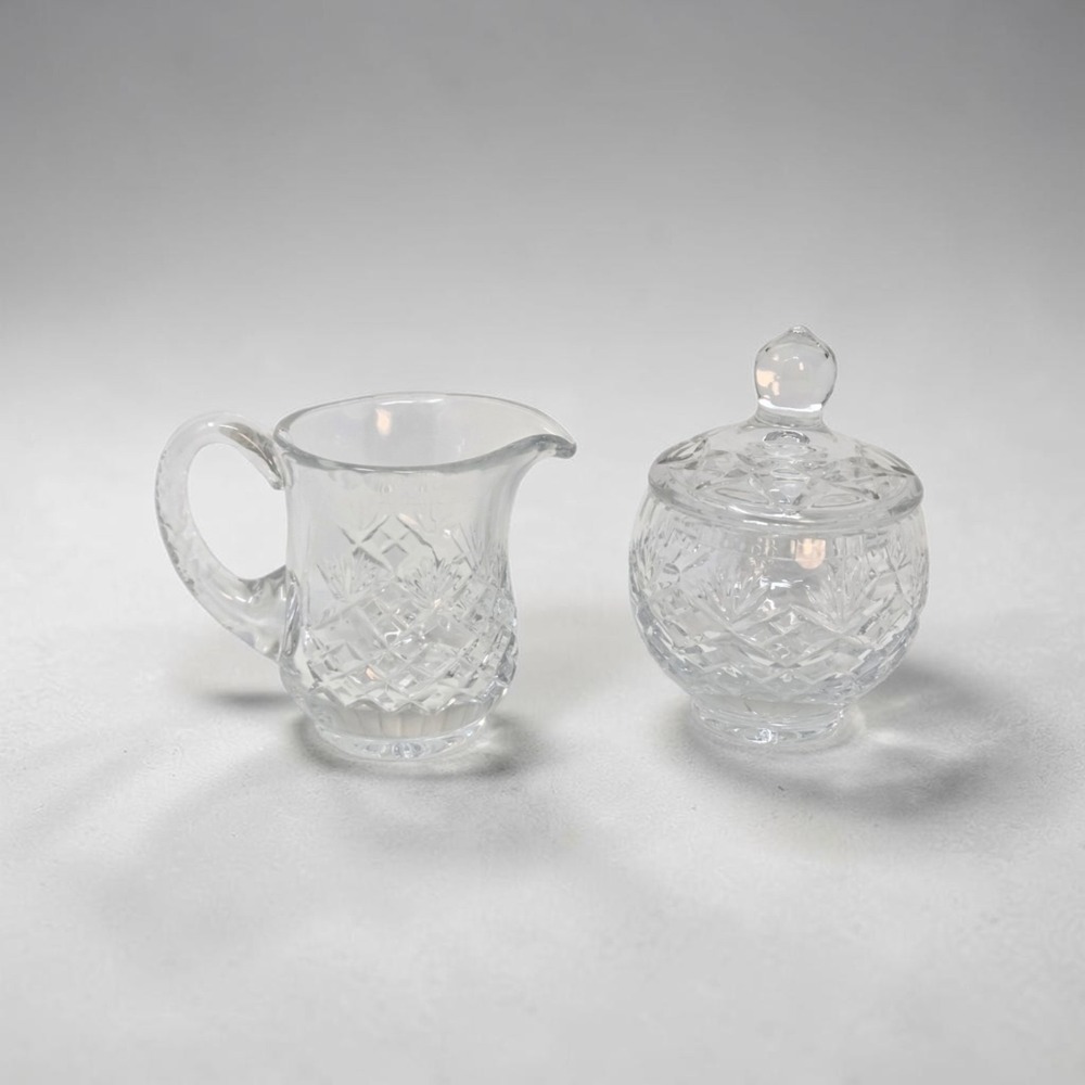Vintage Cut Crystal Creamer & Covered Sugar Bowl Set - Diamond Fan Pattern MCM